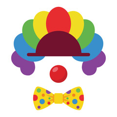 Fototapeta premium Cheerful Clown's Ensemble: a vibrant, whimsical depiction of a clown's attire, with a colorful wig, a red nose, and a polka-dotted bow tie, exuding a sense of joy and playfulness.