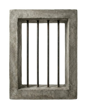 Concrete prison window with iron bars isolated. Jail cell security barrier mockup.