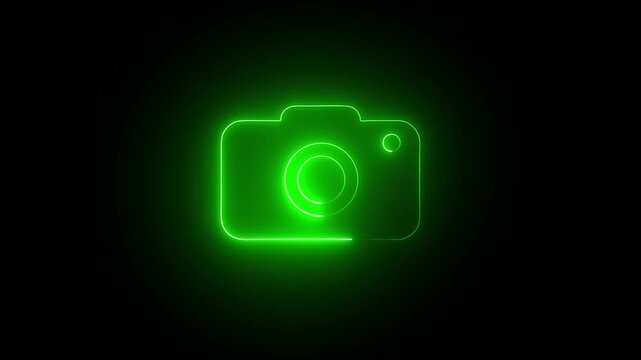 A vibrant neon green outline of a classic camera is prominently displayed against a stark black background creating a striking visual