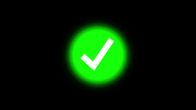 A vibrant glowing green circle encapsulates a crisp white checkmark symbol signifying completion or affirmation against a stark black backdrop high quality