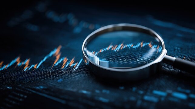 Magnifying glass over online stock market graph symbolizing financial growth analysis through global company performance, dark blue background with light shadow depth of field high resolution hyperrea