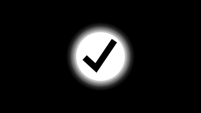 A stark minimalist image features a white circle with a bold black checkmark inside set against a completely black background high quality