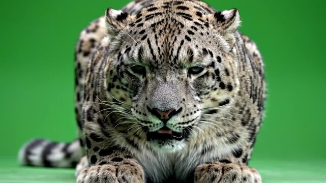 A majestic snow leopard with striking spotted fur stares intensely at the viewer against a vibrant green background.
