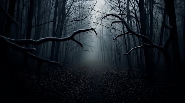 A dark and misty forest path with twisted branches resembling eerie, reaching claws