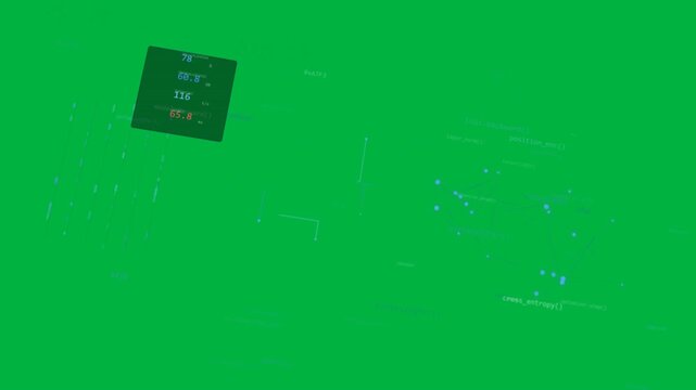Schematic animating on transparent bg, metrics changing, left pulsing, nodes moving, clarifying net