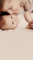 Love of a mother and child. Mom and baby. A newborn baby rests o