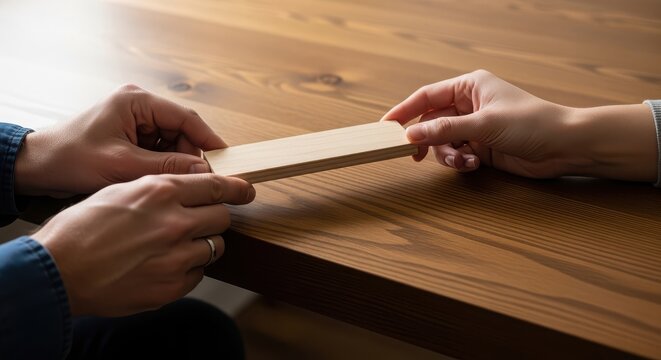 Two people carefully measuring a wooden plank against a wooden surface