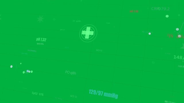 On load camera panning and rotating over transparent plane, showing green cross and vital metrics