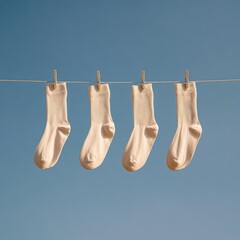 Four Beige Socks Hanging on Clothesline Against Blue Sky