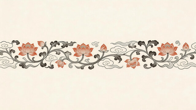 Traditional Chinese lotus floral pattern on a light background. Features red lotus flowers, black vines, and cloud motifs, ideal for ornamental design elements.