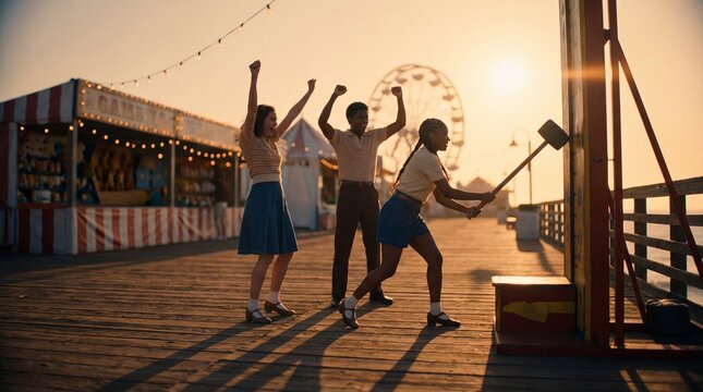 Three Multi-Ethnic Young Friends Playing High Striker Game on an Amusement Pier at Sunset, Cheering and Having Fun During Summer Leisure