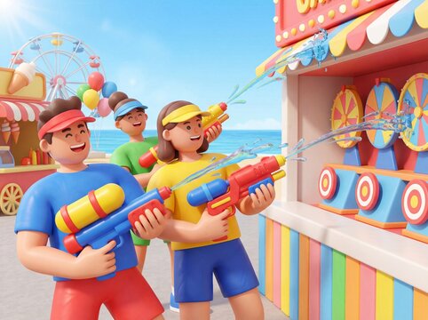 Three happy cartoon friends playing water gun game at a beachside amusement park during summer vacation