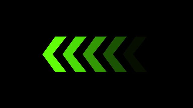 A series of five left pointing chevron arrows gradually transition in shade from bright green to dark olive set against black high quality