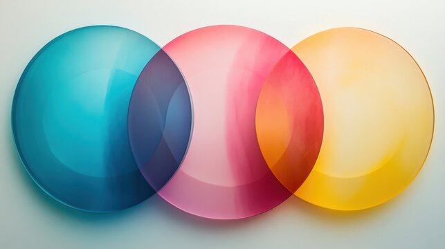 Geometric abstraction shows three overlapping circles with soft colors arranged in a symmetrical style, creating a unique artwork on a plain background