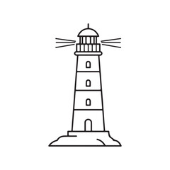 Line drawing of a lighthouse on rocky shore with beam of light  nautical navigation aid structure