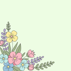 Floral arrangement with pastel flowers on light green background  