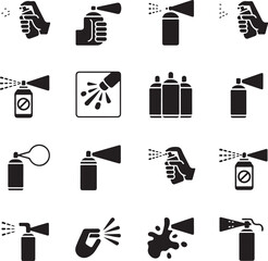 Spray can flat glyph icons set. Hand with aerosol, airbrush, powder coating, graffiti art, cough effect vector illustrations. Signs for disinfection, cleaning