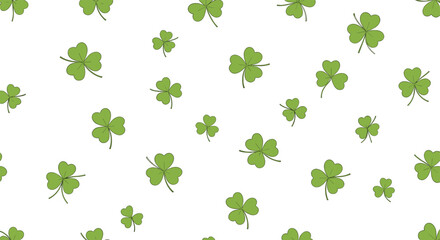 Simple seamless pattern of green three-leaf clovers or shamrocks on a white background, perfect for Saint Patrick's Day celebration themes.