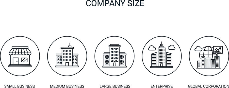 Company Size Icons: A concise set of five simple, line-art icons representing the different tiers of business size