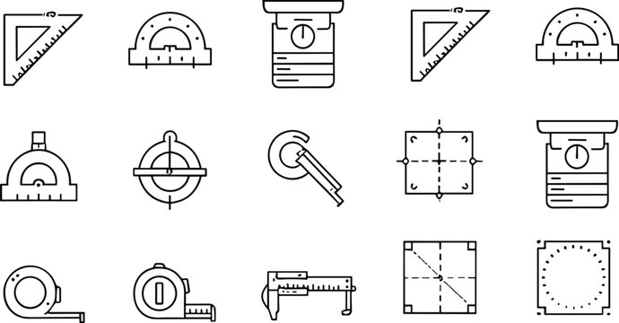 Measurement and Engineering Line Icons Set Geometry Tools Outline Vector Collection Precision Symbols Pack
