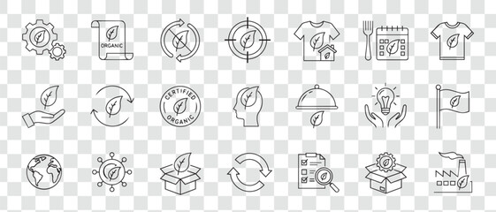 Eco-Friendly and Organic Line Icons Set Sustainable Nature, Green Environment, Recycle and Renewable Outline Vector Collection