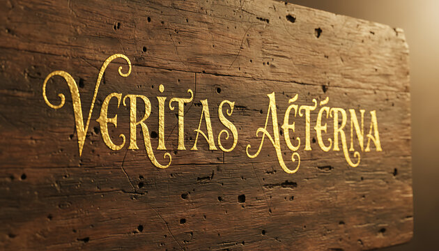Veritas Aeterna Golden Latin Phrase Engraved on Textured Wood Background