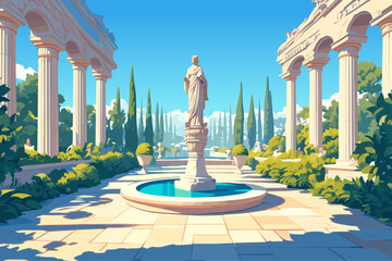 Fototapeta premium Cartoon beautiful garden with ancient Greek arches, fountain and statues, cypress trees, greenery, bushes, old, beautiful, tourism, sky, summer, day, columns, old, history, vases, vector illustration