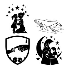 Mother's Day hug and wildlife silhouette icon bundle with whale