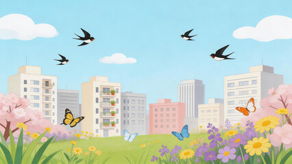 Urban Spring Scene with Buildings and Flowers