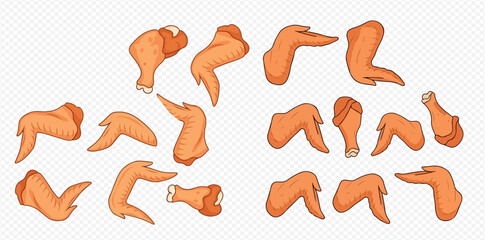 Set of cartoon chicken wings and drumsticks for cooking and food design.