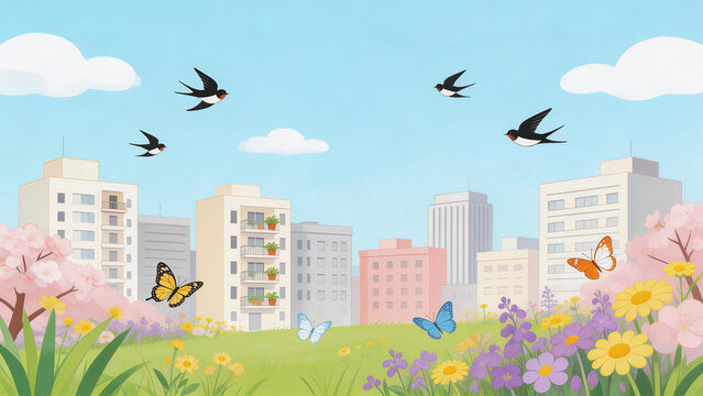 Urban Spring Scene with Buildings and Flowers