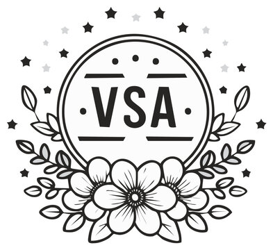 Elegant Floral Emblem with VSA Monogram Surrounded by Stars and Leaves