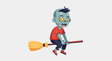 Obraz premium Cartoon Zombie Riding Broomstick.