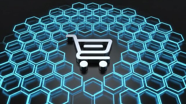 Ai automated shopping decisions concept digital cart icon glow hexagon network futuristic retail data flow modern ecommerce background technology choice symbol commerce