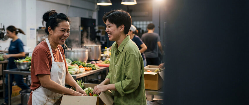Joyful Thai woman and Gen Z volunteer pack food box in Bangkok community kitchen, mutual aid and connection concept with copy space