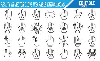 Fototapeta premium VR glove and wearable technology line icon set, editable stroke.