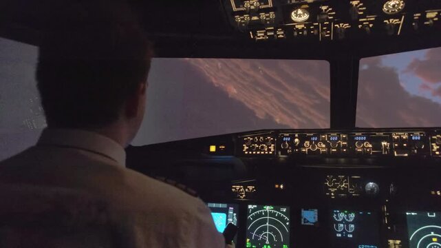 Skilled pilot makes maneuver turning aircraft during lightning. Professional captain manipulates control yoke navigating plane
