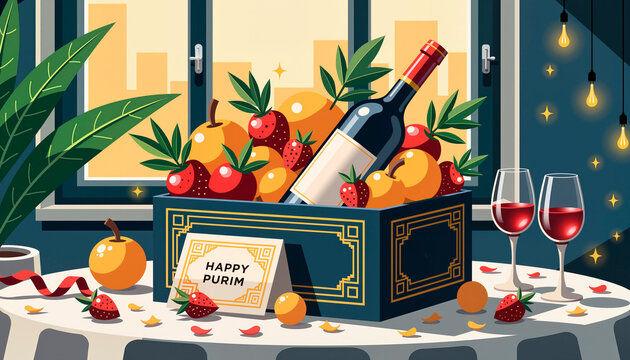 Art Deco mishloach manot with wine and fruit on a festive table, Purim celebration