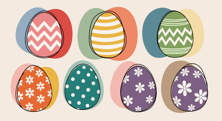 A collection of colorful Easter eggs featuring various patterns in a modern vector style, perfect for spring holiday designs