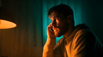 Contemplative Communication: A portrait of a focused individual engrossed in a phone conversation, the dim lighting adding an element of introspection and contemplation.