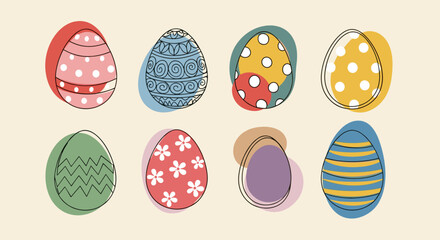A collection of colorful decorated Easter eggs in a modern minimalist vector style, ideal for seasonal designs and celebrations