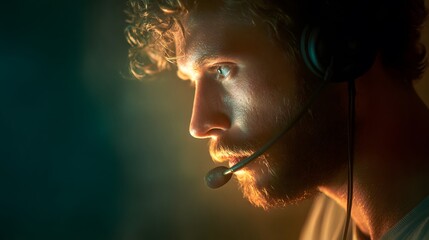 Focused Man with Headset: A close-up shot of a determined man wearing a headset, intently focused on the task at hand. His eyes show deep concentration while his face shows dedication and focus.