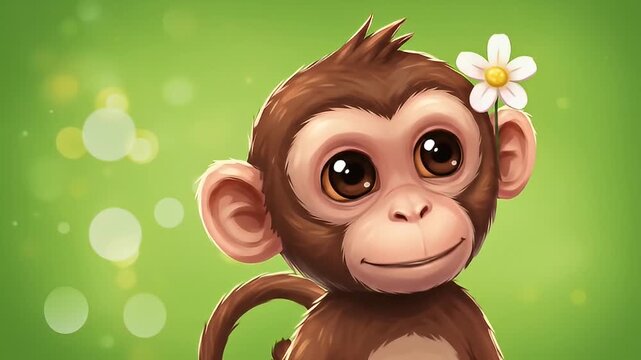 Playful cartoon monkey with flower in its ear against a vibrant green background