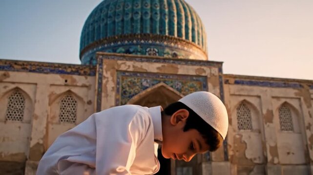 Young Muslim Boy Praying Outside Mosque.