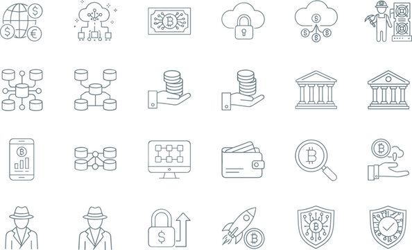 Fintech and cryptocurrency line icon set with blockchain banking security investment digital finance outline collection