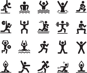 Stick figure fitness and yoga exercise icons full body workout set
