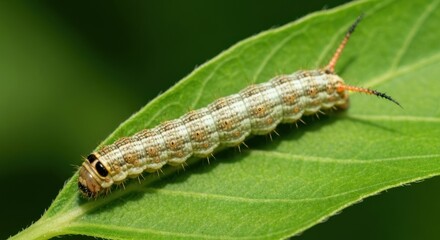 Fototapeta premium Close-up of a light green caterpillar with orange and black markings on a vibrant green leaf
