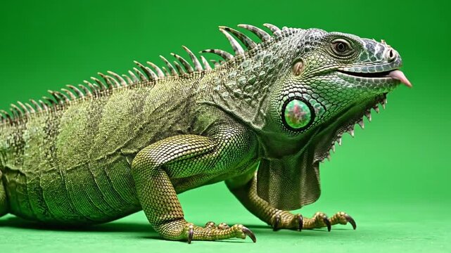 A vibrant green iguana with its tongue slightly out, standing against a matching green background, showcasing its detailed scales and distinctive features.