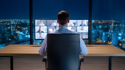 Business Video Conference at Night: A professional individual engages in a video conference with a team of colleagues at night, overlooking the city skyline.