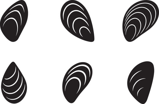   Set of mussel shell vector icons, isolated on white background, simple marine and seafood illustration.